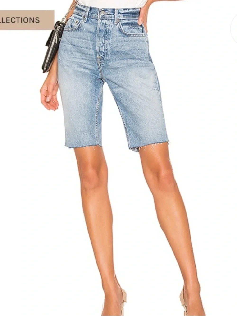 GRLFRND denim Beverly button fly distressed hem long shorts sz 29